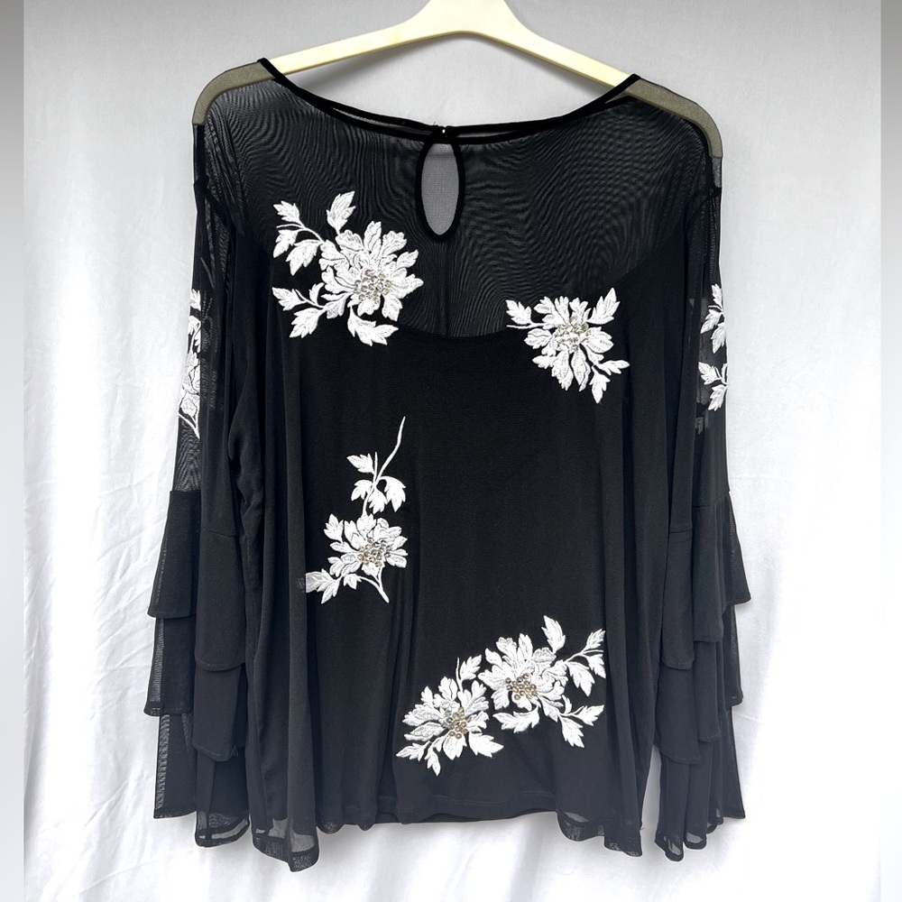 INC Floral Sheer Black & White Embroidered Sequins Women’s Blouse 2X